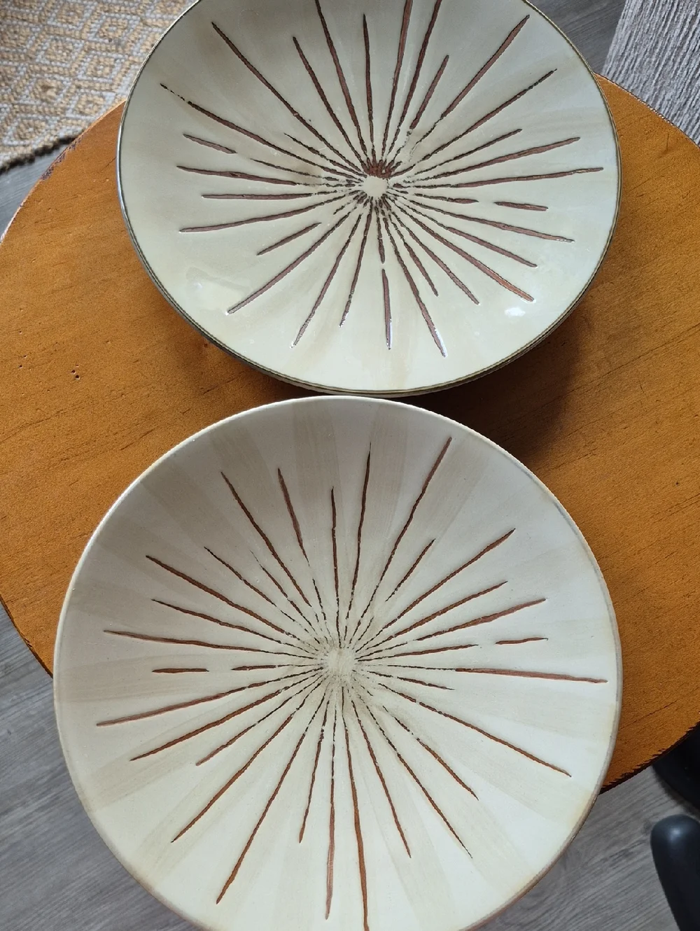 Pier 1 Sanctuary Cream Ceramic Plates with Brown Starburst Motif. Set Of 2